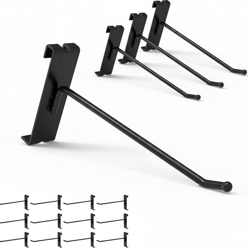 Set of black metal display hooks on a white background