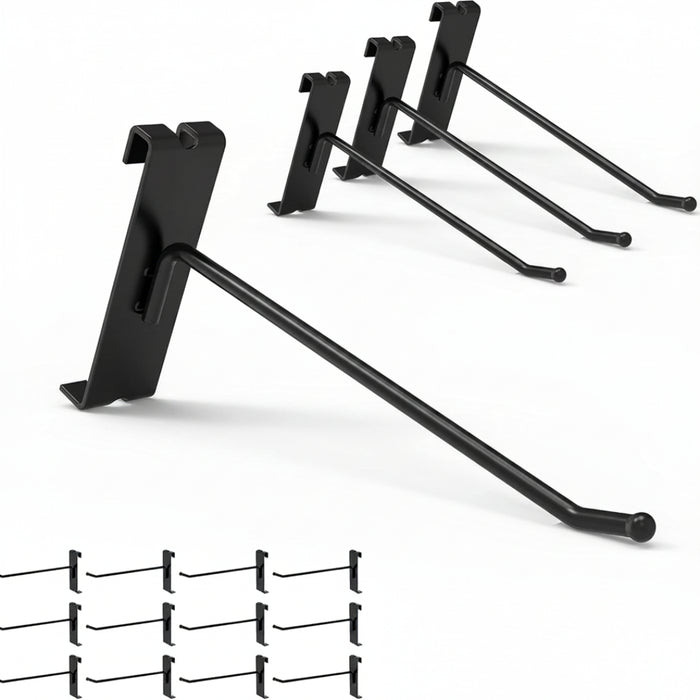 Set of black metal display hooks on a white background