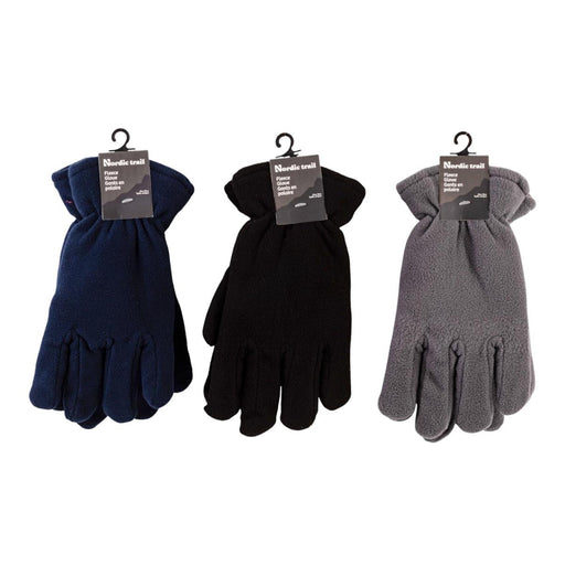Three pairs of gloves in navy, black, and gray on hangers with visible brand labels.