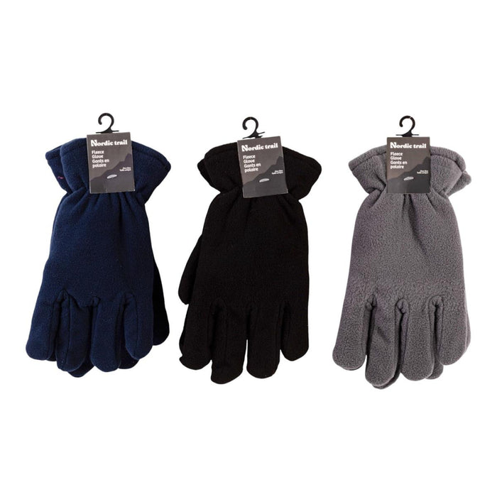Three pairs of gloves in navy, black, and gray on hangers with visible brand labels.