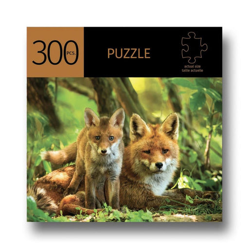 Jigsaw puzzle packaging with two foxes on a forest background