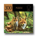Jigsaw puzzle packaging with two foxes on a forest background
