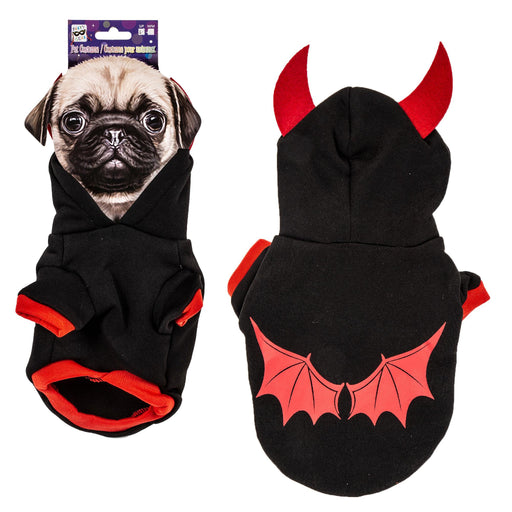 Black pet hoodie costume with red trim and red devil horns, shown front and back on a white background. The back features a red bat-wing graphic.