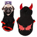 Black pet hoodie costume with red trim and red devil horns, shown front and back on a white background. The back features a red bat-wing graphic.