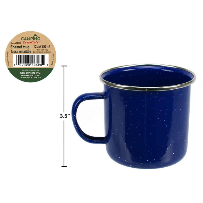 Blue enamel mug with dimensions and camping brand label on a white background