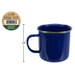 Blue enamel mug with dimensions and camping brand label on a white background
