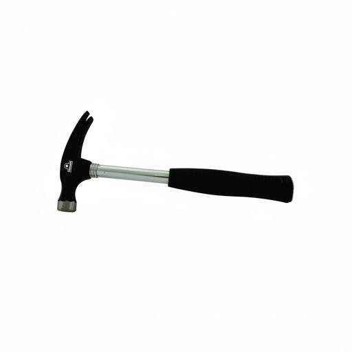 Hammer with a black handle and silver head on a white background
