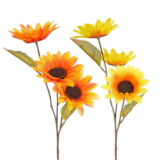 Five artificial sunflower stems with orange, yellow, and red gradient petals, dark brown centers, and green leaves on a plain white background.