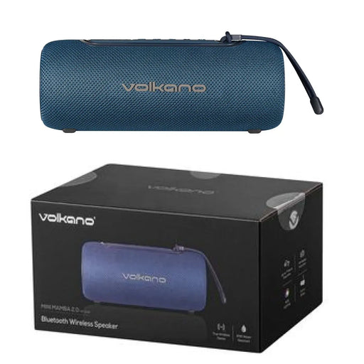 Blue Volkano Bluetooth wireless speaker with packaging on a white background