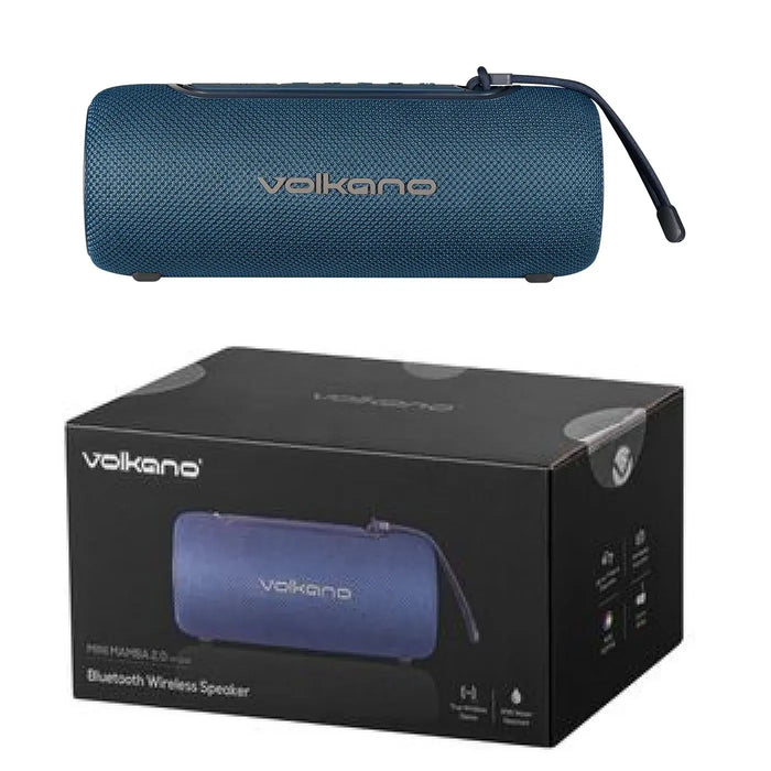 Blue Volkano Bluetooth wireless speaker with packaging on a white background