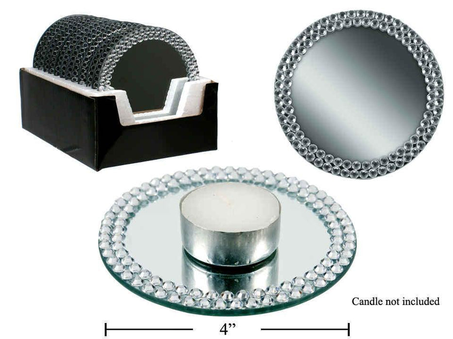 GLASS MIRROR CANDLE PLATE WITH RHINESTONES