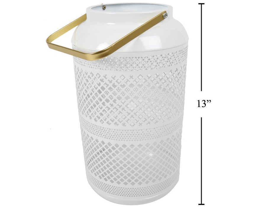 LATTICE CUTOUT LANTERN WHITE WITH GOLD HANDLE