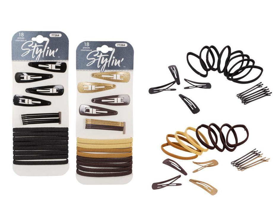 STYLIN VALUE PACK 4 BARRETTES, 8 ELASTICS, 6 BOBBY PINS