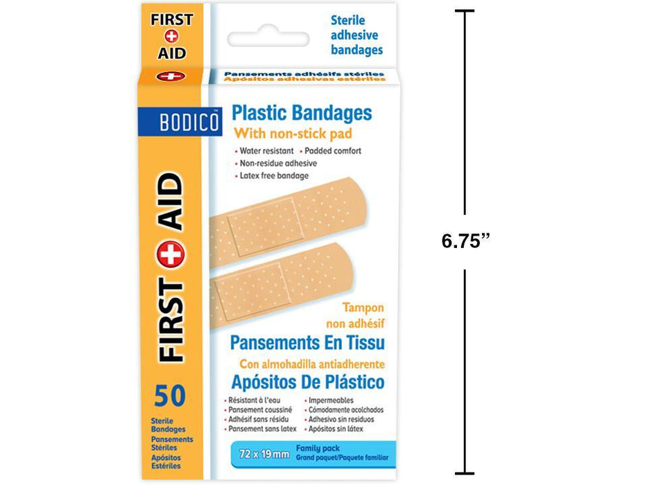 BODICO FIRST AID PLASTIC BANDAGES - REGULAR SIZE FAMILY PACK - 50 PCS