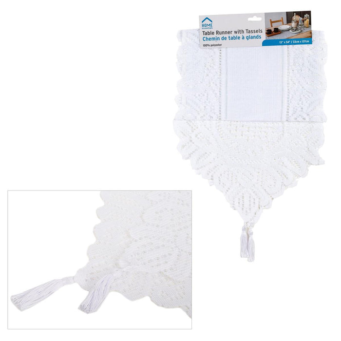 TABLE RUNNER WITH TASSEL, WHITE, 13'' X 54''