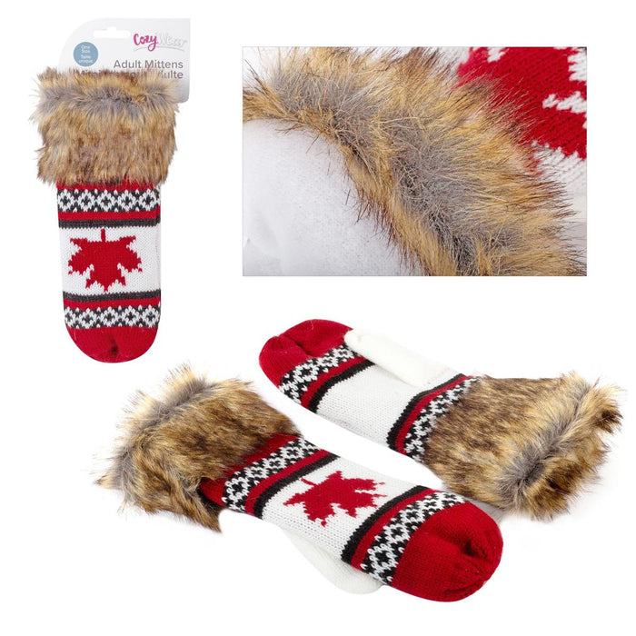 NORDIC ADULT MITTEN W/FUR & MAPLE LEAF