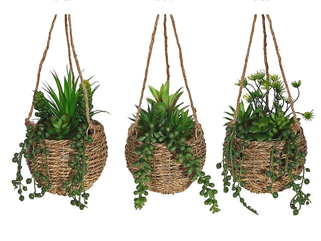 ARTIFICIAL SUCCULENTS IN HANGING ROPE POT