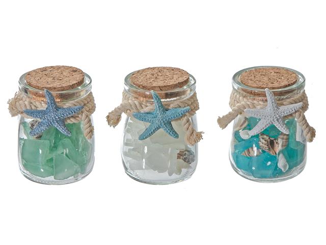 BOTTLED GLASS ROCKS AND SEASHELLS WITH STARFISH DECOR
